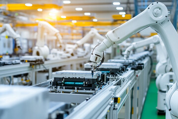 Poster - Robotic arms assemble lithium-ion batteries in factory. Generative AI