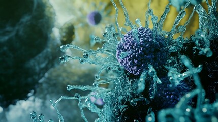 Poster - Vibrant Microscopic Cell Structure Revealed in Colorful Micrographic Imagery  Detailed close up view of a cellular or viral sample under high magnification showcasing the intricate patterns textures