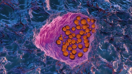 Poster - Vibrant microscopic view of an organic cellular structure in pink and orange tones showcasing the intricate and complex nature of biological life at the micro level