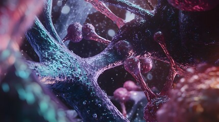 Poster - Vibrant Microscopic View of Intricate Neural Connections and Synaptic Structures in the Brain or Nervous System Showcasing the Complex Communication and Technology of the Human Anatomy