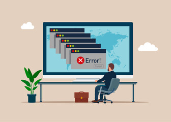 Businessman at desk looking at large computer screen with Error message computer window alert popup logo design. Simple Browser window. Error page template. Error file not found on website page. 