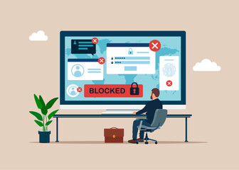 Businessman at desk looking at large computer screen with Blocked ID card. Hacker Cyber Attack, Censorship. Modern vector illustration in flat style.