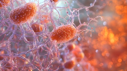 Poster - Vibrant microscopic view of cellular structures and microorganisms in shades of orange purple and blue  Abstract scientific background with intricate patterns and textures