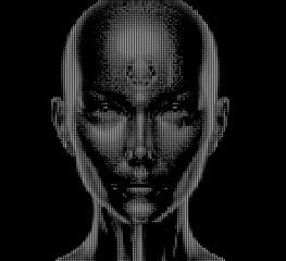 Aufkleber - Digital illustration of a human face composed of white particles on a black background, creating a monochromatic and abstract effect that represents futurism and digital technology concepts.