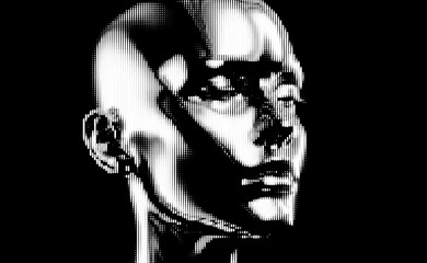 Fototapete - Digital illustration of a human face composed of white particles on a black background, creating a monochromatic and abstract effect that represents futurism and digital technology concepts.