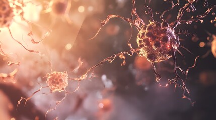 Poster - Visually striking abstract artwork depicting intricate and dynamic cellular structures emanating a radiant glow of vibrant energy and movement