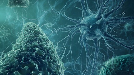 Fototapete - Visually captivating microscopic view of the intricate neuronal network structures in vibrant shades of green and blue showcasing the complexity and beauty of the human brain s biological processes