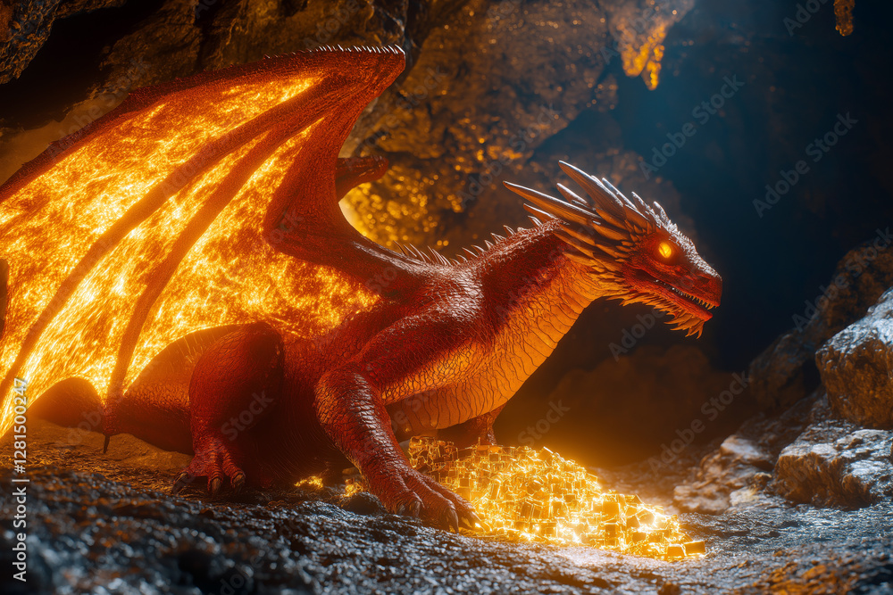 A fearsome red dragon guarding a massive treasure hoard in a volcanic ...