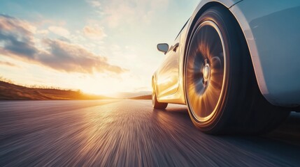 Poster - Sunset drive along a smooth highway with a focus on a car wheel in motion. Generative AI