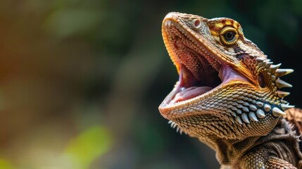 Canvas Print - Close-up of a vibrant lizard with an open mouth, showcasing its intricate scales and colorful features in a lush environment