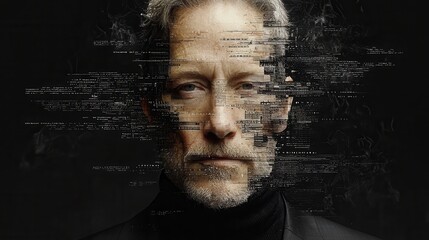 Digital Identity Mature Man with Binary Code Overlay