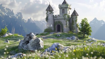 Poster - Enchanted castle surrounded by lush green meadows and rocky terrain under a bright sky in a fantasy landscape