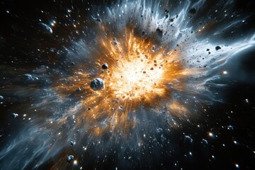 Wall Mural - celestial catastrophe showing massive planetary explosion debris field of rocks and cosmic dust illu