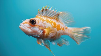 Wall Mural - Vibrant orange and white fish swimming gracefully in a clear blue underwater environment, showcasing its fins