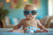 © Michael - Adorable baby wearing big blue sunglasses while sitting on a bed, looking cool and stylish