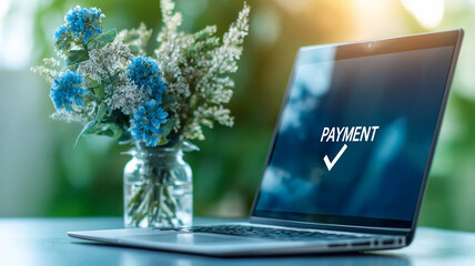 Sticker - laptop displaying payment confirmation with checkmark symbol, surrounded by vase of blue flowers, creates serene and productive atmosphere