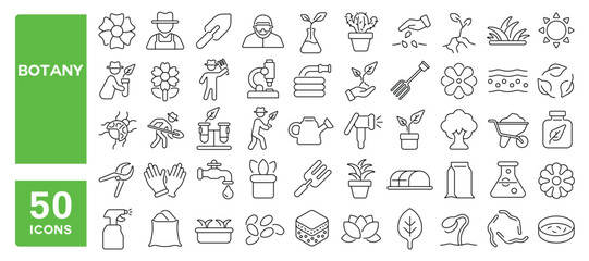 Set of 50 line icons related to botany, plant growing, science, floral, research, flower, garden, grass, rose, seed, soil, gardening, Editable stroke. Vector illustration
