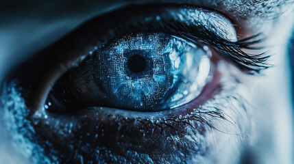close up of human eye with digital binary code reflected in iris technology and vision