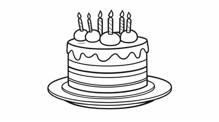 Wall Mural - Line Art Birthday Cake with Lit Candles on White Background