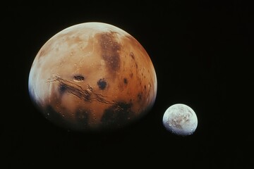 Wall Mural - Dramatic close up of Mars and Phobos against the black backdrop of space showcasing planetary geology and celestial beauty