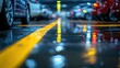 © Sarinya - Wet Parking Garage with Cars and Yellow Line Reflecting Lights Creating a Moody and Atmospheric Scene at Night