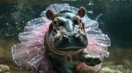 Wall Mural - A playful hippo wearing a pink tutu swims gracefully underwater, surrounded by shimmering bubbles and soft light