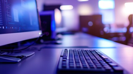 Night Computer Lab: A Close-Up of Keyboard and Monitors