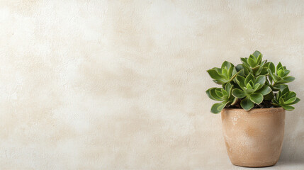 Wall Mural - clay pot with succulent plant against textured beige background, adding touch of nature to decor