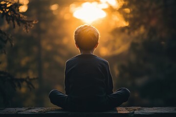 Poster - Child sitting quietly in nature, watching sunset in a forested area during golden hour light. Generative AI