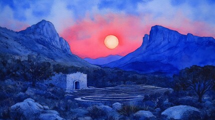 Canvas Print - Sunset Over the Mountains Watercolor Painting