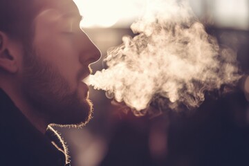 Aufkleber - Man exhaling smoke in sunset light at an outdoor gathering in the evening. Generative AI