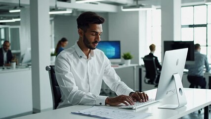 Aufkleber - Professional engineer concentrating on complex project, working intently at computer in sleek modern office environment, capturing focused workflow through dynamic slow motion frames