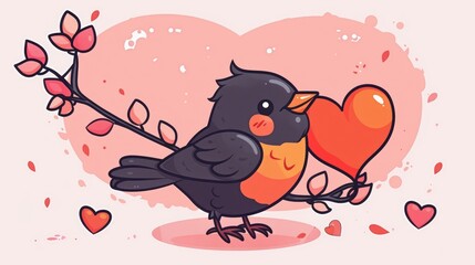 Wall Mural - Cute cartoon bird holding a heart on a branch with pink background and hearts, perfect for Valentine's Day designs