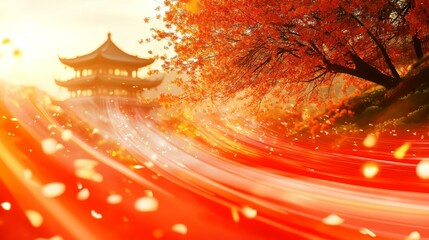 Canvas Print - Autumnal Chinese Pagoda Landscape with Motion Blurred Colors