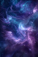 Wall Mural - Illustration of a mesmerizing cosmic nebula swirling in deep blues and purples, speckled with distant stars. The ethereal glow and vast celestial beauty make this a captivating and immersive space