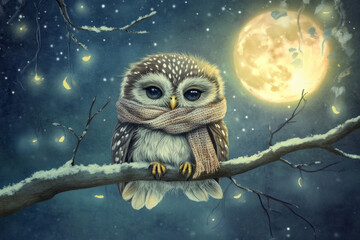 Illustration of a sleepy baby owl wrapped in a tiny scarf, perched on a tree branch under a glowing full moon. The fluffy feathers and big round eyes make it irresistibly cute, while the starry night
