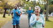 © peopleimages.com - Senior, woman and running for fitness outdoor of mobility training, exercise and morning routine. Elderly, people and coach with challenge, workout support and cardio performance for wellness at park