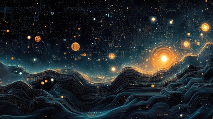 Abstract technological landscape with glowing binary codes, digital icons, and futuristic elements 