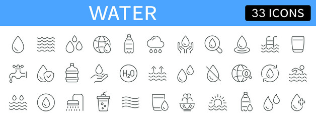 Wall Mural - water thin line icons set. water drop, wave, water tap, bottle, rain icon. editable stroke. vector i