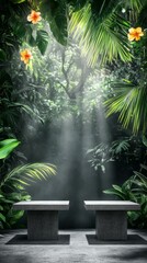 Wall Mural - Empty Stone Pedestals in a Tropical Jungle Setting