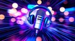 © Dougie C - A vibrant microphone with headphones, set against a backdrop of colorful, fast-moving lights, perfect for podcasts and audio recording.