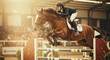 © Patrick - Horse, jumping and rider at equestrian competition, showjumping sport and professional arena performance. Sunset, race event and athlete with training discipline
