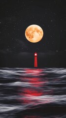 Wall Mural - lighthouse moonlit sea - a red lighthouse stands tall against a backdrop of a large, orange full moo