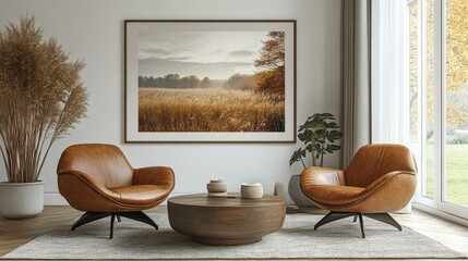 Wall Mural - Modern Living Room with Autumn Field Picture