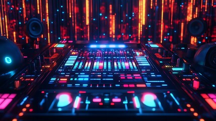 Neon Lit Dj Mixer With Speakers In Studio