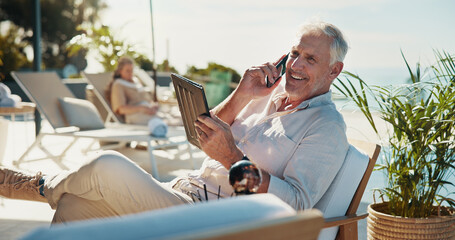 Poster - Phone call, tablet and happy with man and remote work for digital nomad, resort critic or customer feedback. Smile, research and hospitality review with mature person at hotel villa for luxury travel