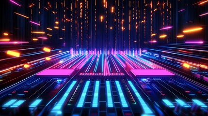 Neon Lights Illuminate Futuristic Sound Mixing Console