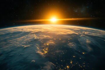 Wall Mural - earth seen from space station at sunrise city lights glowing through clouds aurora borealis dancing 