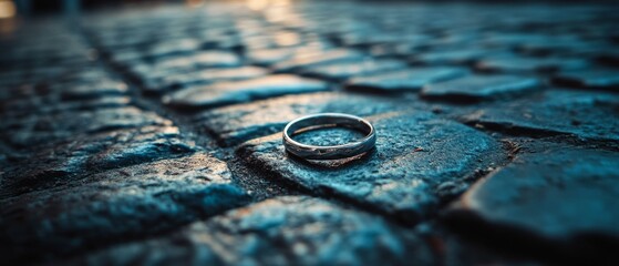 A lone silver ring rests on ancient cobblestones, bathed in cool blue light, inviting thoughts of love lost or forgotten tales.