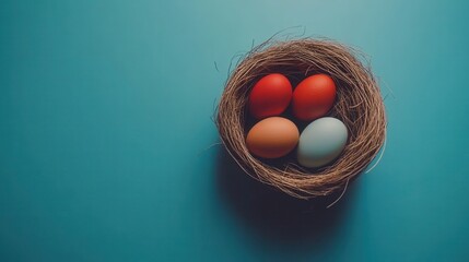 Colorful eggs nestled in a natural nest on a blue background create a vibrant spring decoration for the holiday celebration